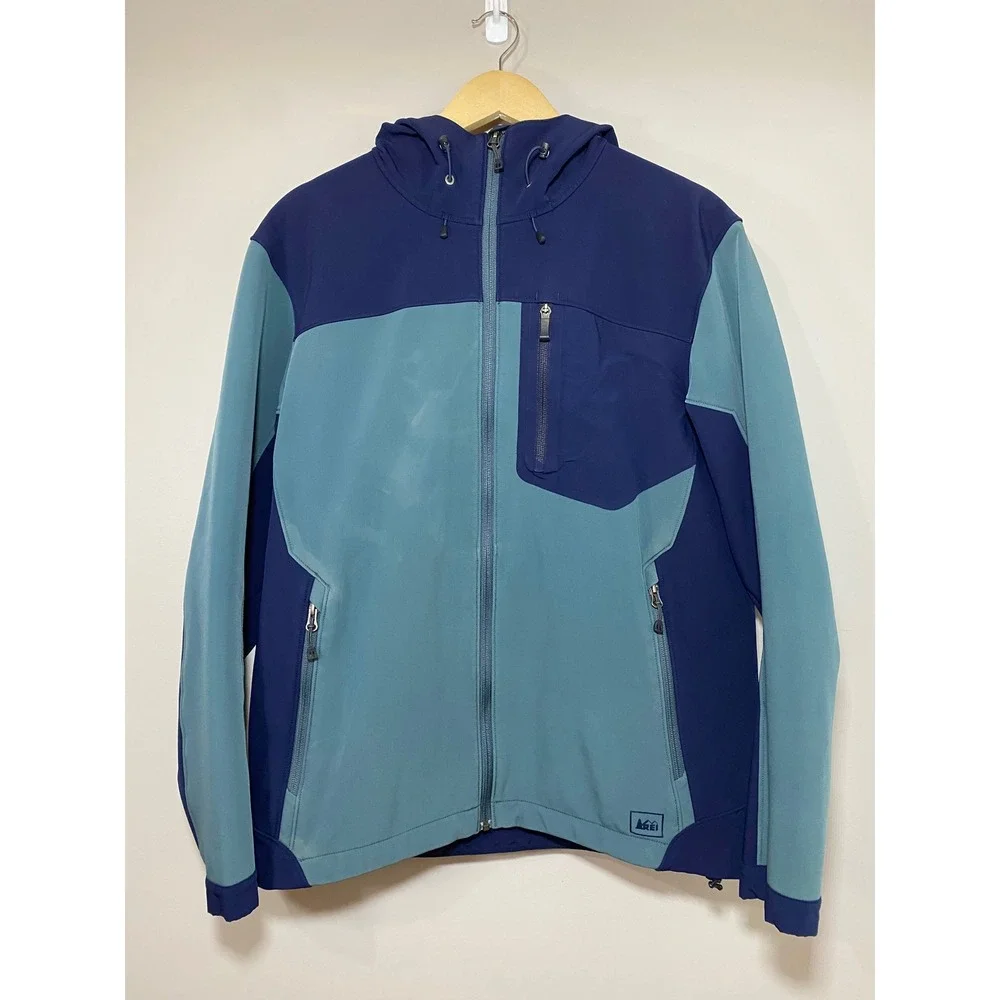 REI Mens Softshell Hooded Jacket Blue Teal Colorblock Size M‎ Fleece Lined *FLAW